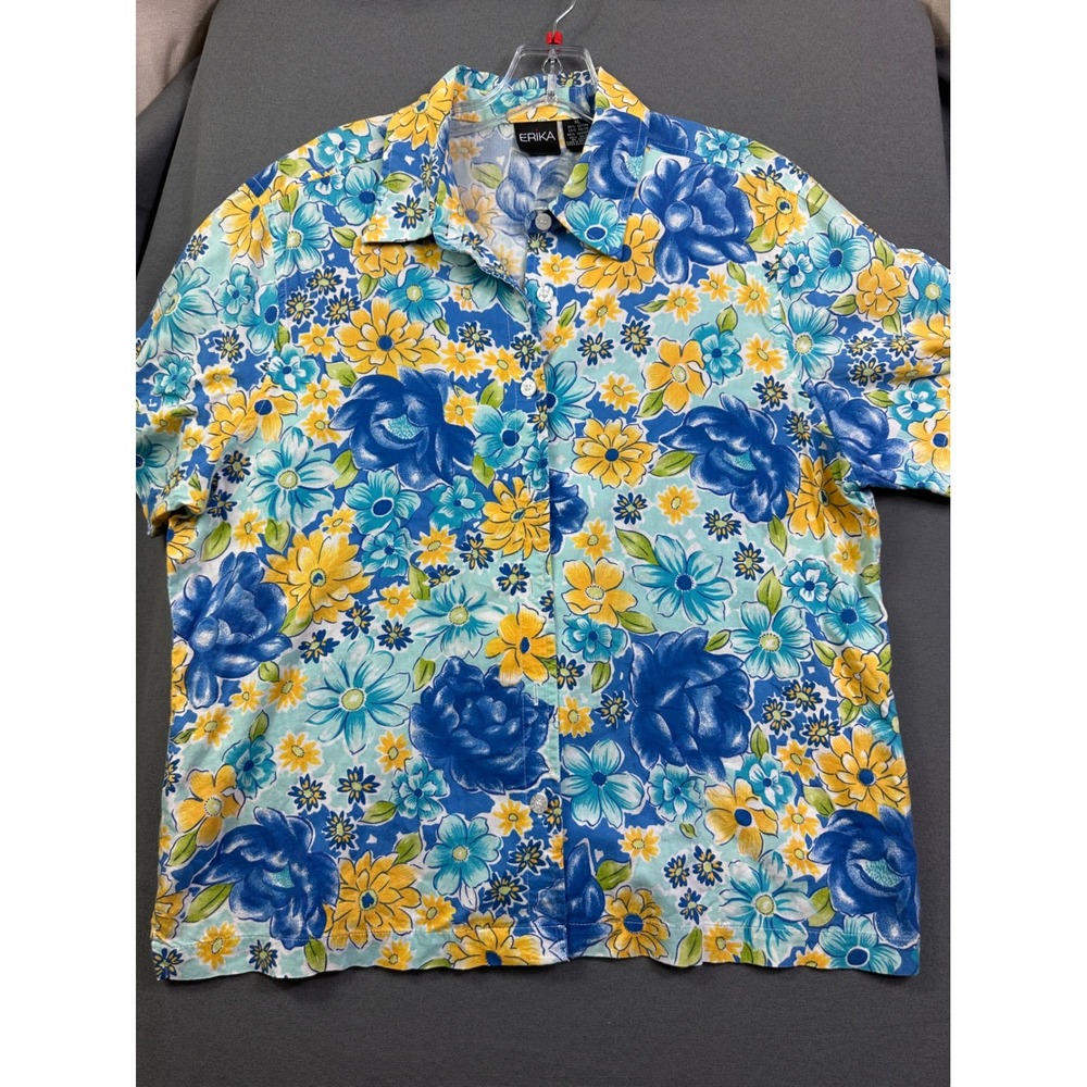 Erika Womens XL Floral Button Front Shirt Blue Yellow Cotton Rayon Short Sleeve